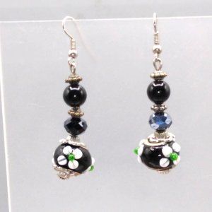 Dangling Black and White Art Glass Earrings, Unique Lampwork Wedding Cake Vintag
